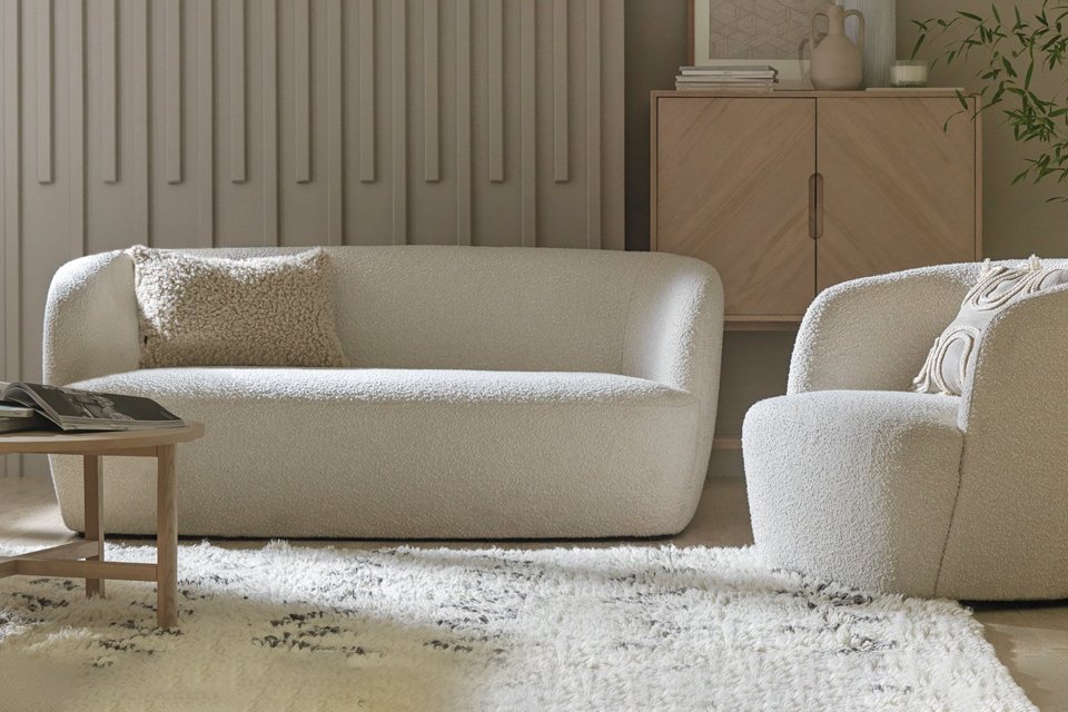 A Habitat Orelia 3-seater boucle sofa in a living room.